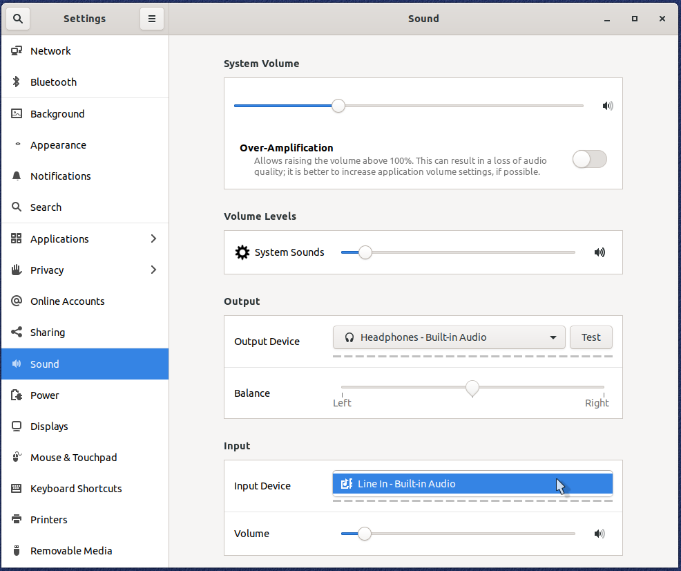 Gnome Sound Dialog with Only High Quality Line In