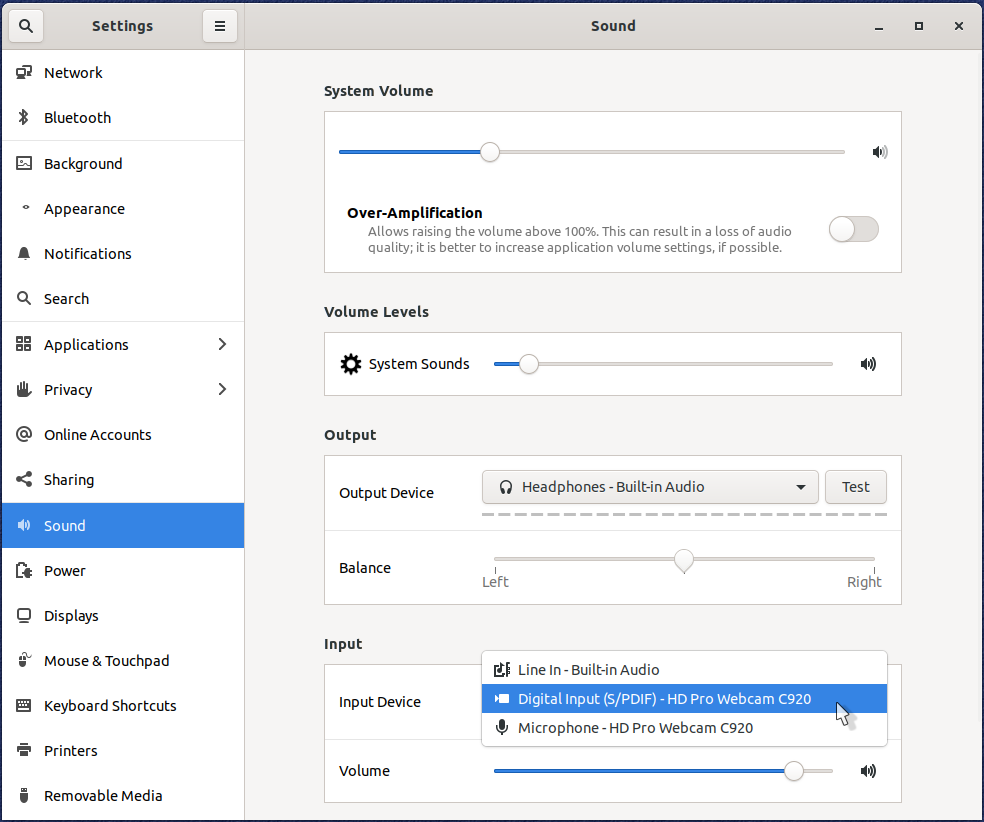 Gnome Sound Dialog with Unwanted Low Quality Webcam Sound