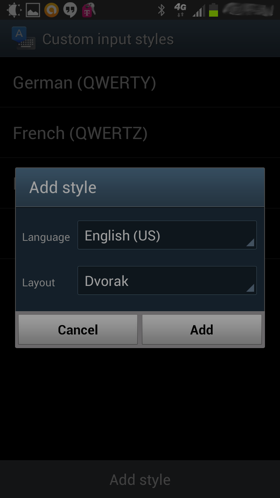 Adding the Dvorak keyboard layout under the Custom input styles screen in the Advanced Settings screen