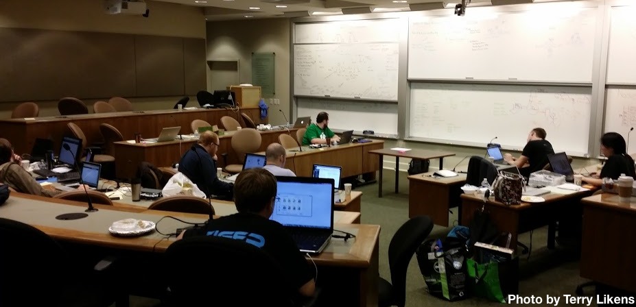 Programmers hard at work in the main auditorium, we were seated in the front row